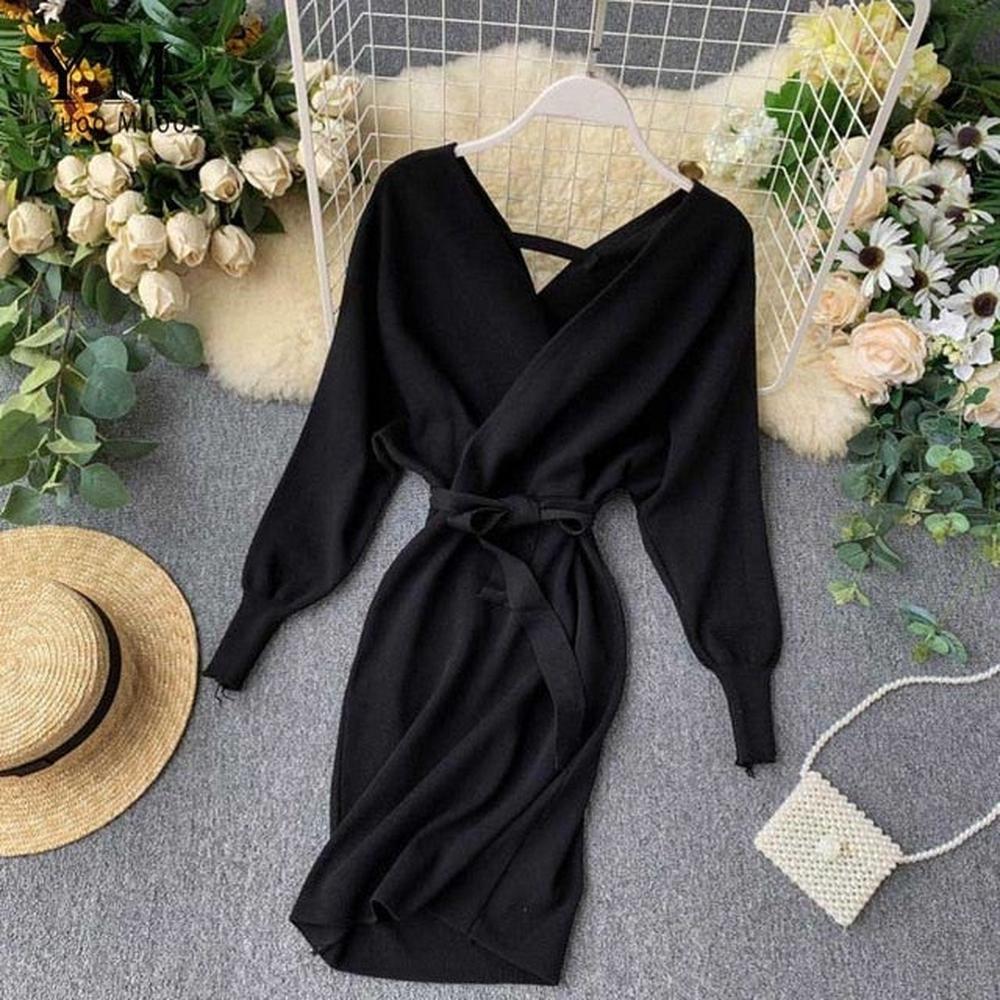 Women Long Batwing Sleeve V Neck Elegant Dress dylinoshop