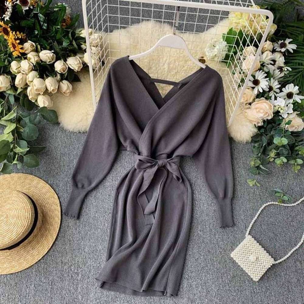 Women Long Batwing Sleeve V Neck Elegant Dress dylinoshop