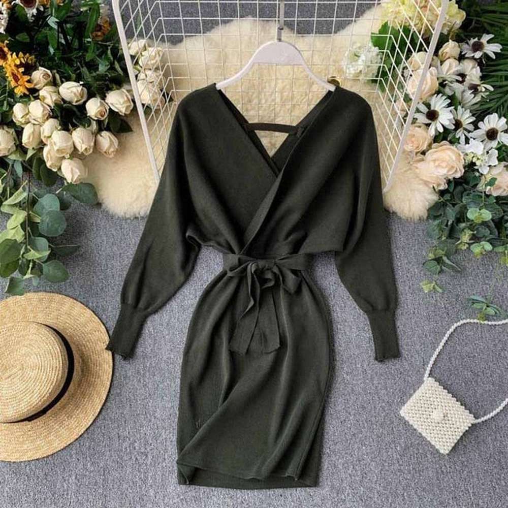 Women Long Batwing Sleeve V Neck Elegant Dress dylinoshop