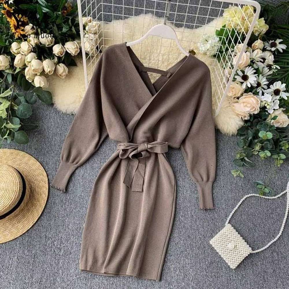 Women Long Batwing Sleeve V Neck Elegant Dress dylinoshop