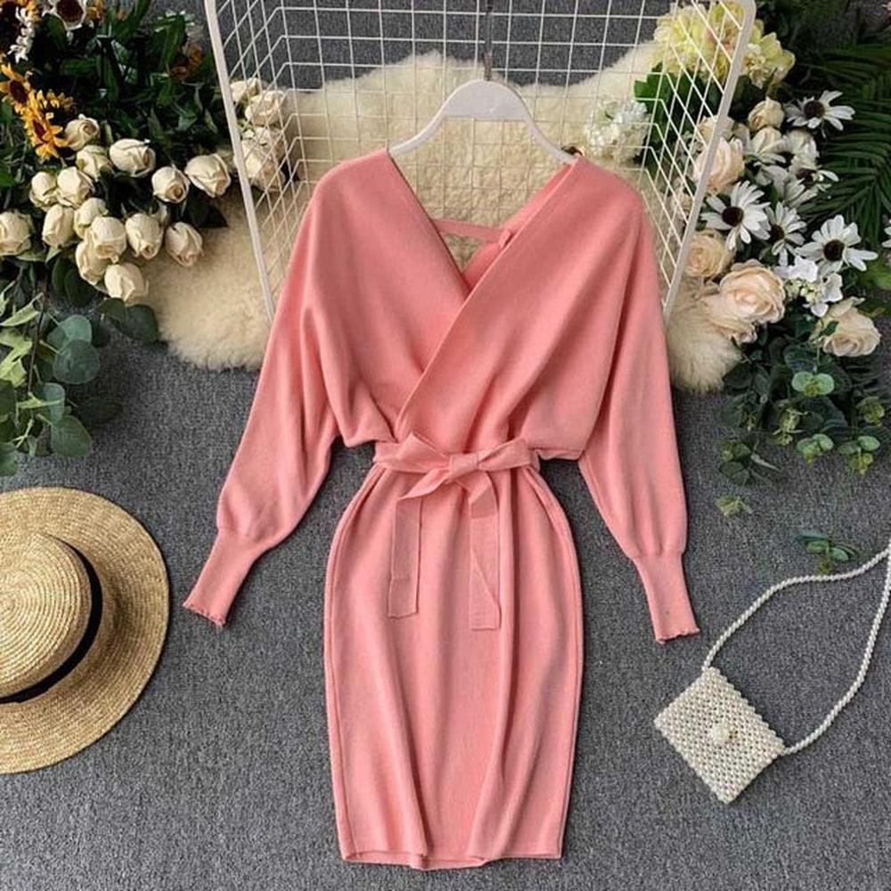 Women Long Batwing Sleeve V Neck Elegant Dress dylinoshop