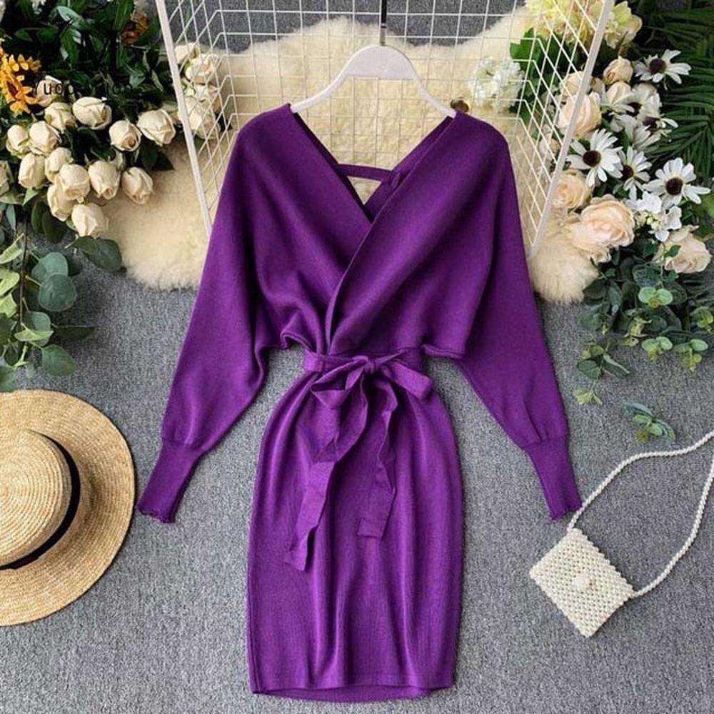 Women Long Batwing Sleeve V Neck Elegant Dress dylinoshop