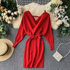 Women Long Batwing Sleeve V Neck Elegant Dress dylinoshop