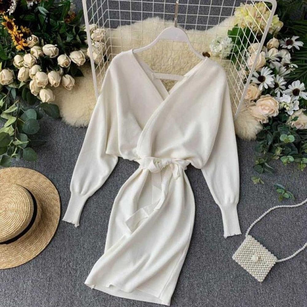 Women Long Batwing Sleeve V Neck Elegant Dress dylinoshop