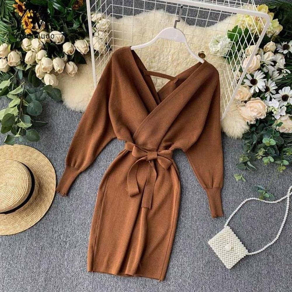 Women Long Batwing Sleeve V Neck Elegant Dress dylinoshop