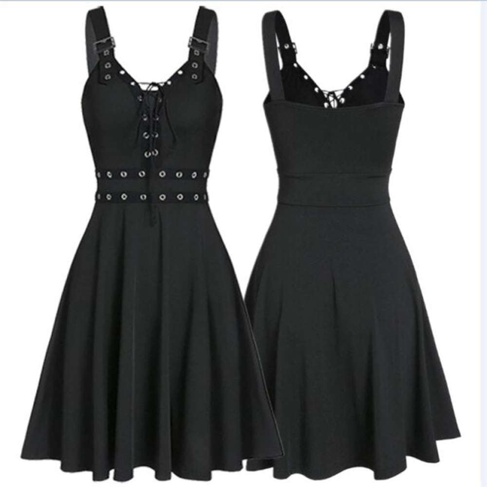 Women's Gothic Punk Sleeveless Strap Sling Dress dylinoshop