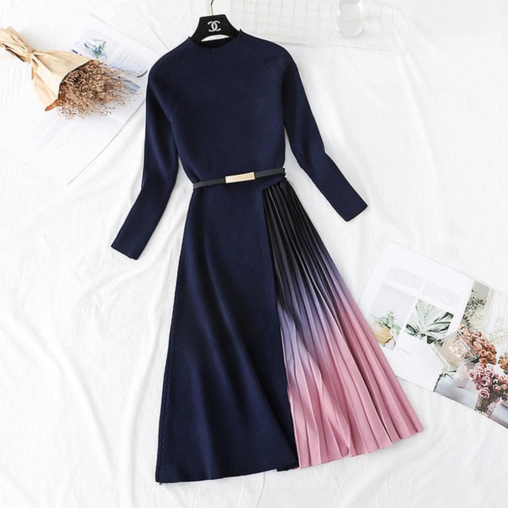 Women Long Sleeve Sweater Dress With Belt dylinoshop