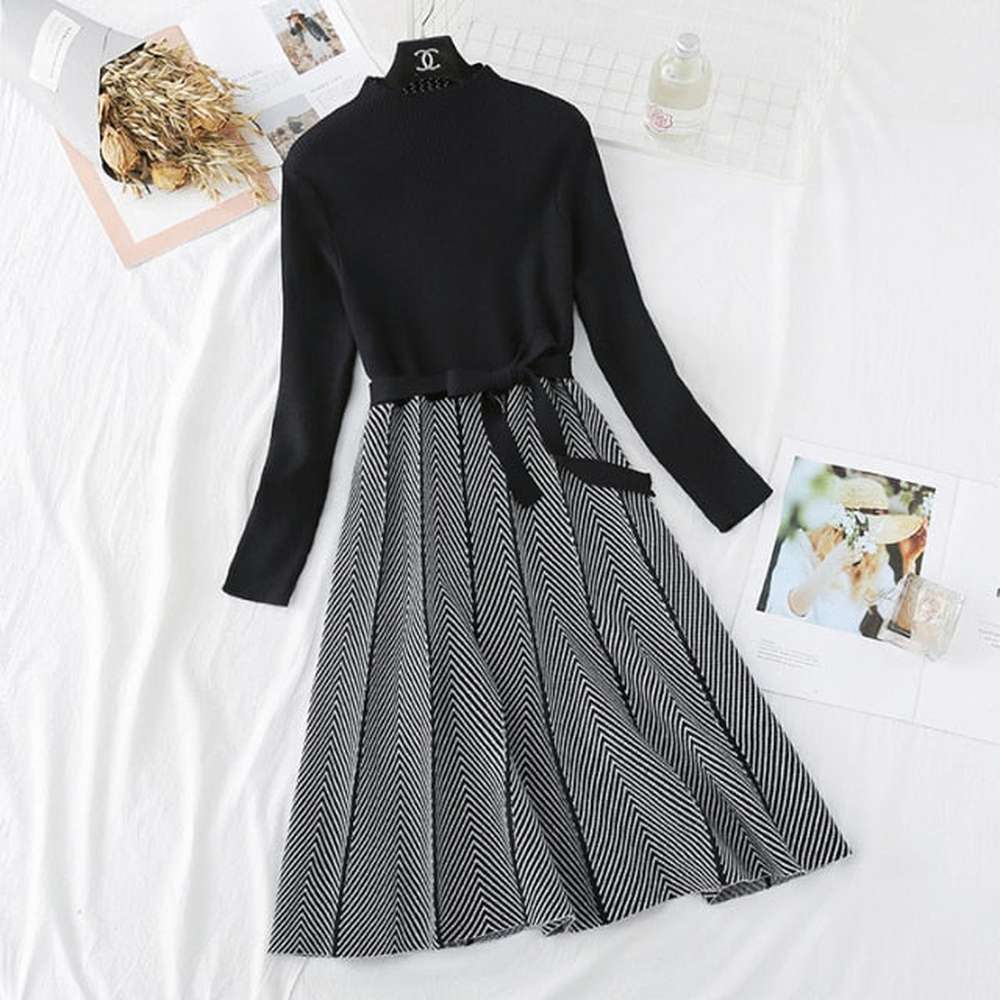 Women Collar A-line Knit Dress Thickened Arrow Striped Elegant Sashes Knitted Dress dylinoshop