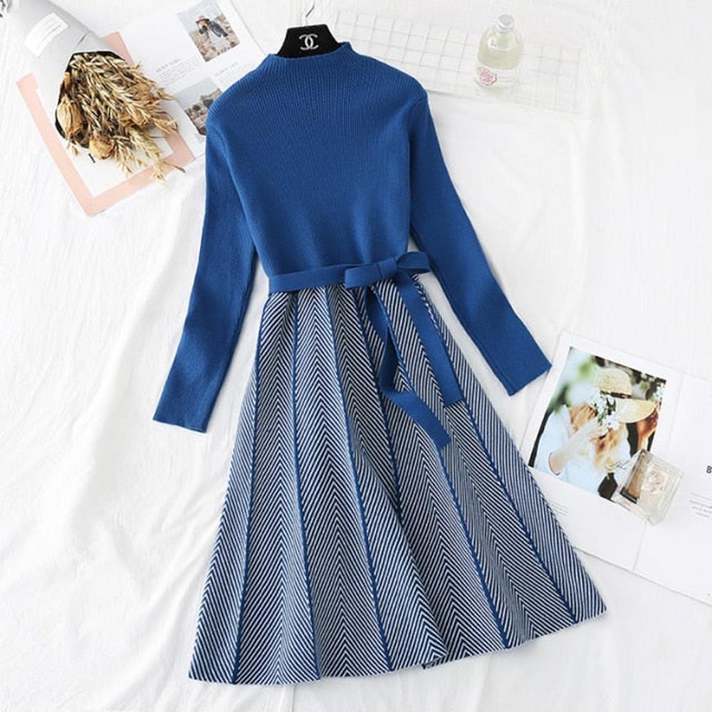 Women Collar A-line Knit Dress Thickened Arrow Striped Elegant Sashes Knitted Dress dylinoshop