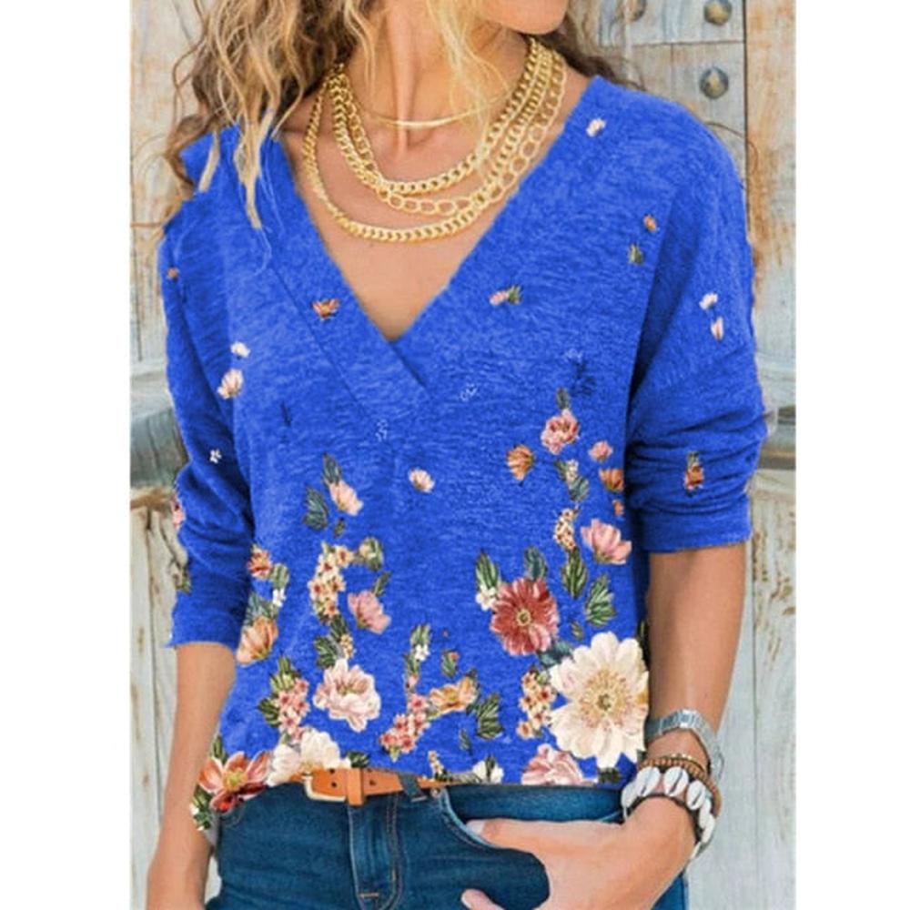 Women V-neck Flower Print Long-sleeved Casual Loose T-shirt dylinoshop