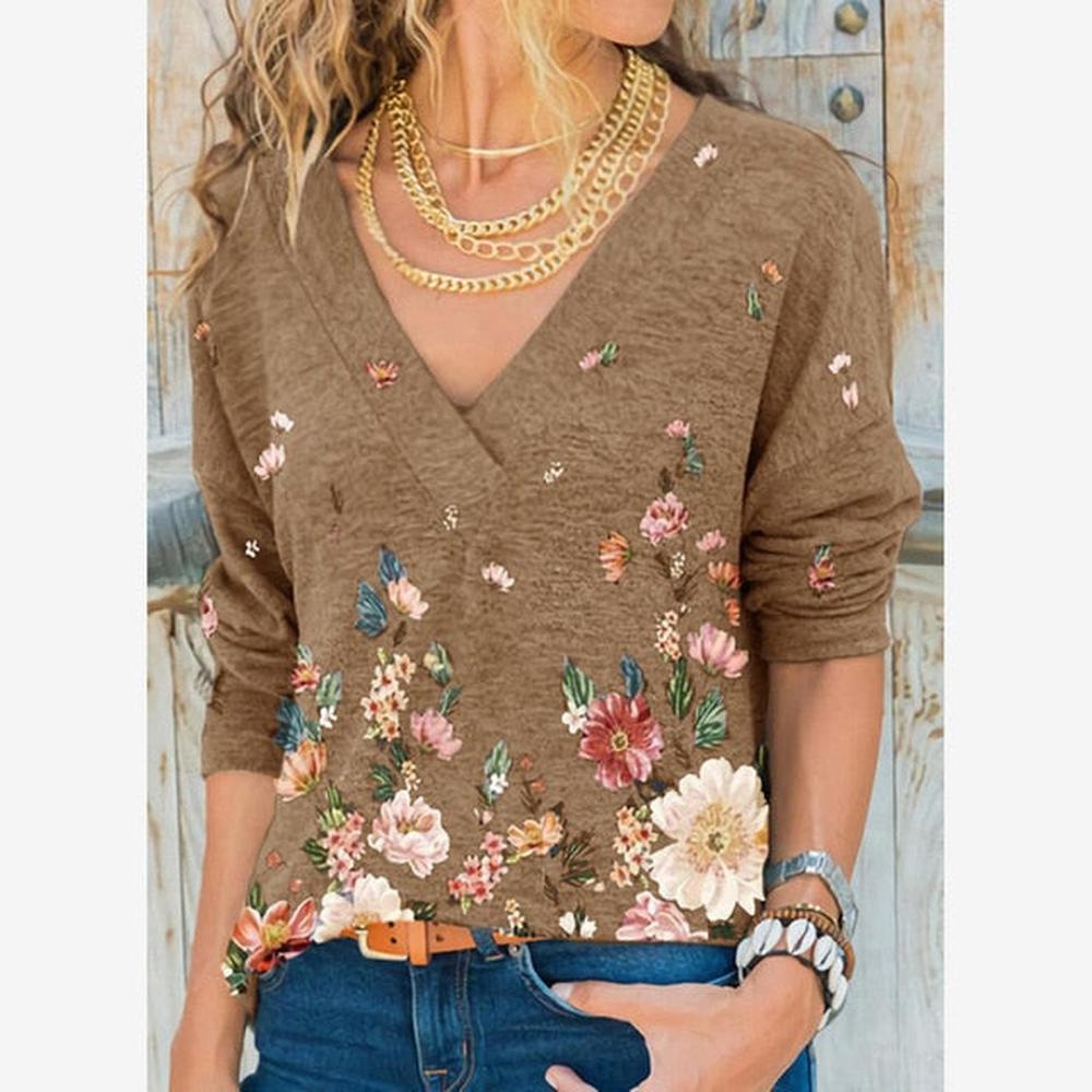 Women V-neck Flower Print Long-sleeved Casual Loose T-shirt dylinoshop