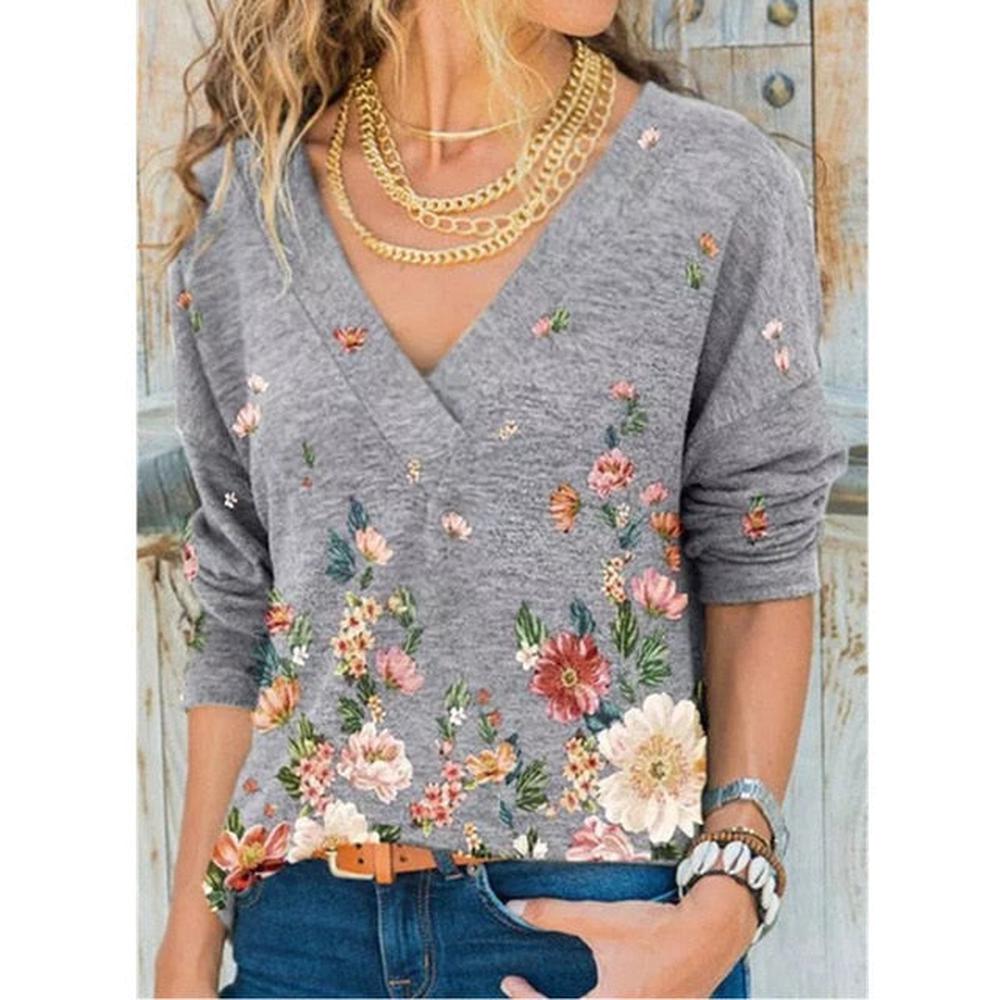 Women V-neck Flower Print Long-sleeved Casual Loose T-shirt dylinoshop