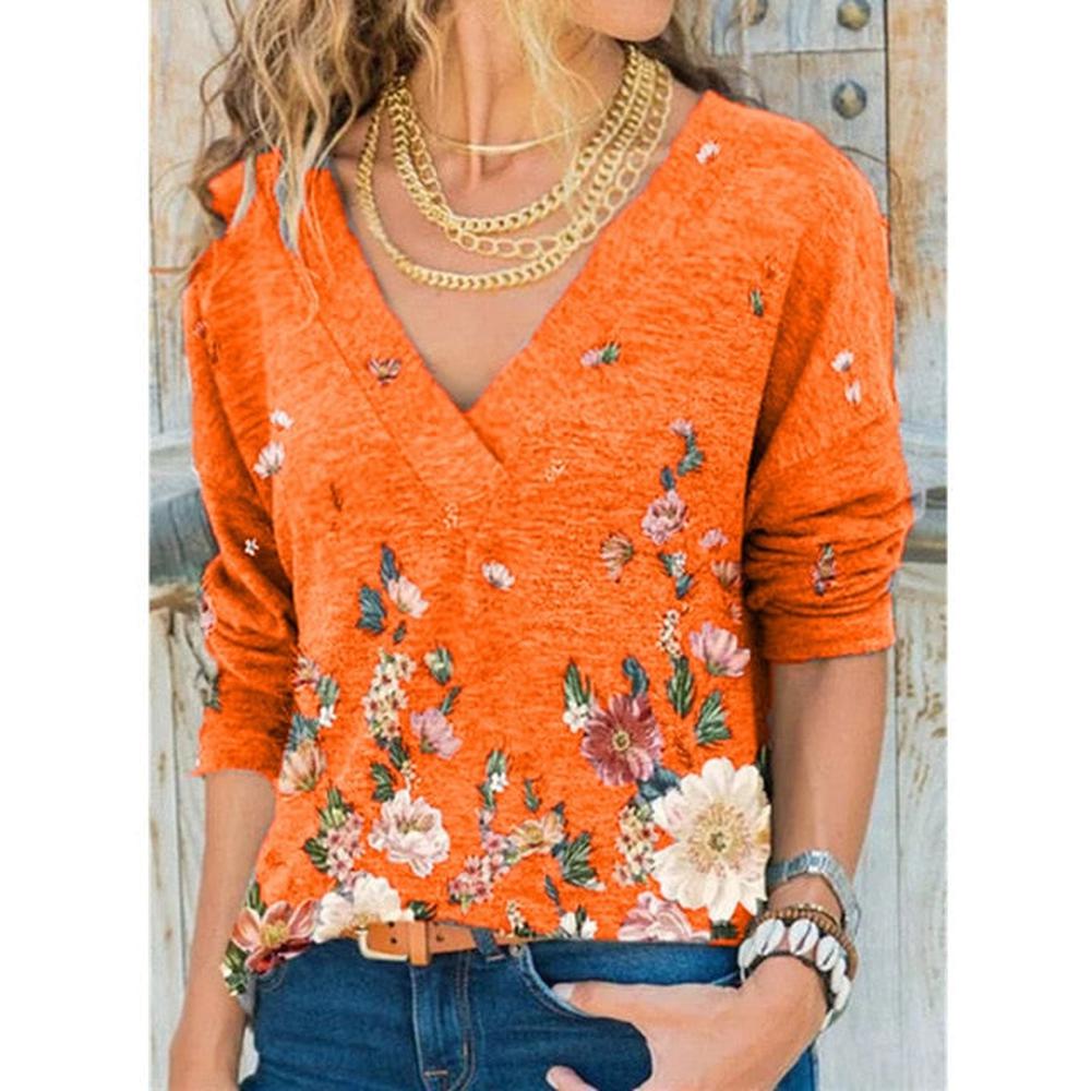 Women V-neck Flower Print Long-sleeved Casual Loose T-shirt dylinoshop