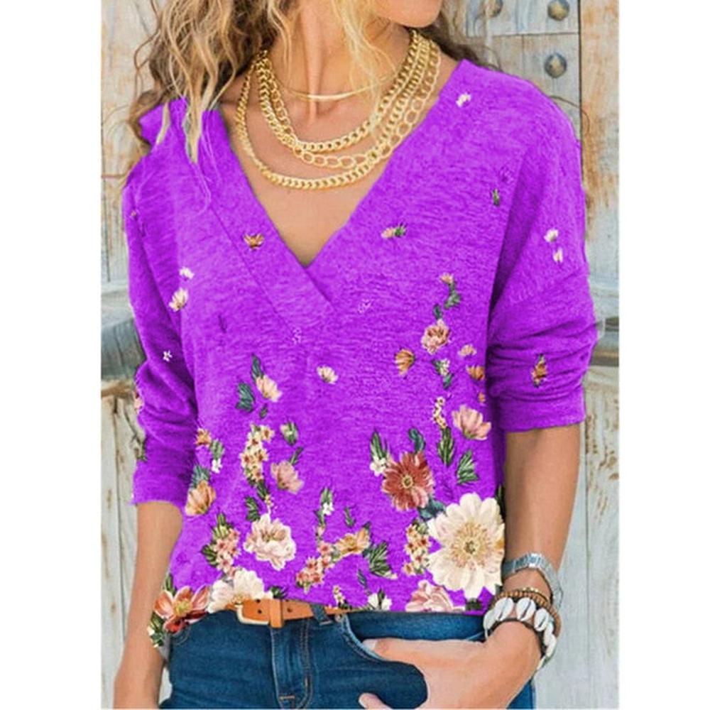 Women V-neck Flower Print Long-sleeved Casual Loose T-shirt dylinoshop