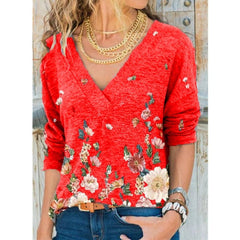 Women V-neck Flower Print Long-sleeved Casual Loose T-shirt dylinoshop