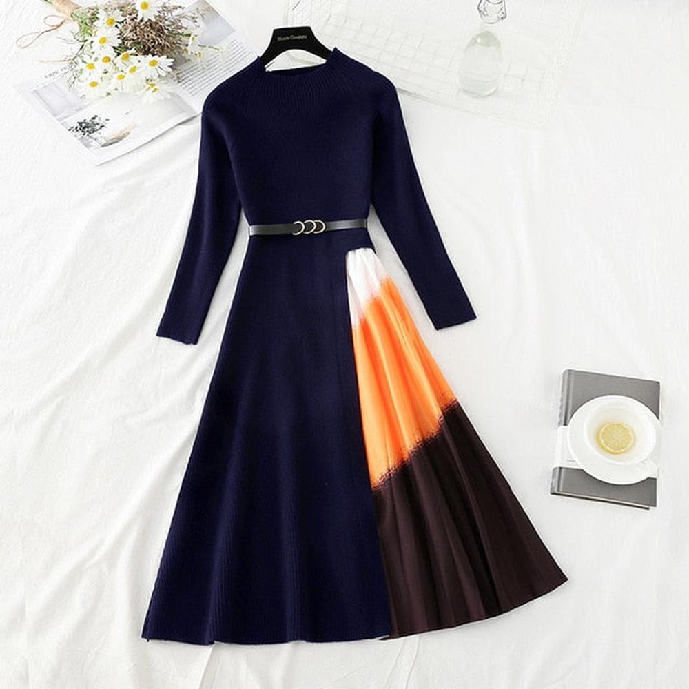 Women Long Sleeve Sweater Dress With Belt dylinoshop