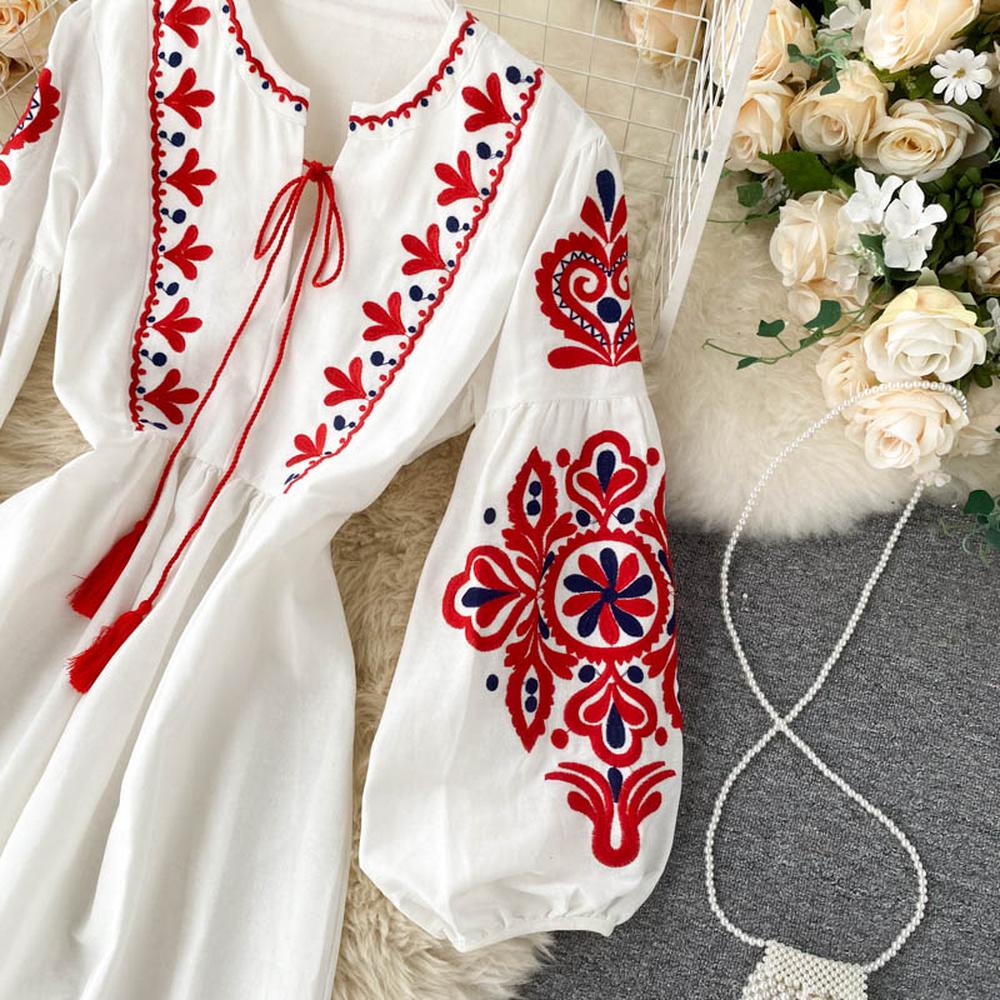 Women Bohemian Embroidered Flower O-Neck Lantern Sleeve Pleated Dress dylinoshop