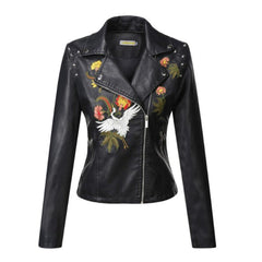 Women Flowers Embroidery Pu Leather Jacket Rivet Zipper Black Biker Coat dylinoshop