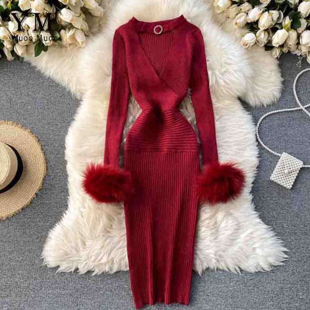 Women Shining Knitted Hollow Out V-neck Halter Bodycon Party Dress dylinoshop