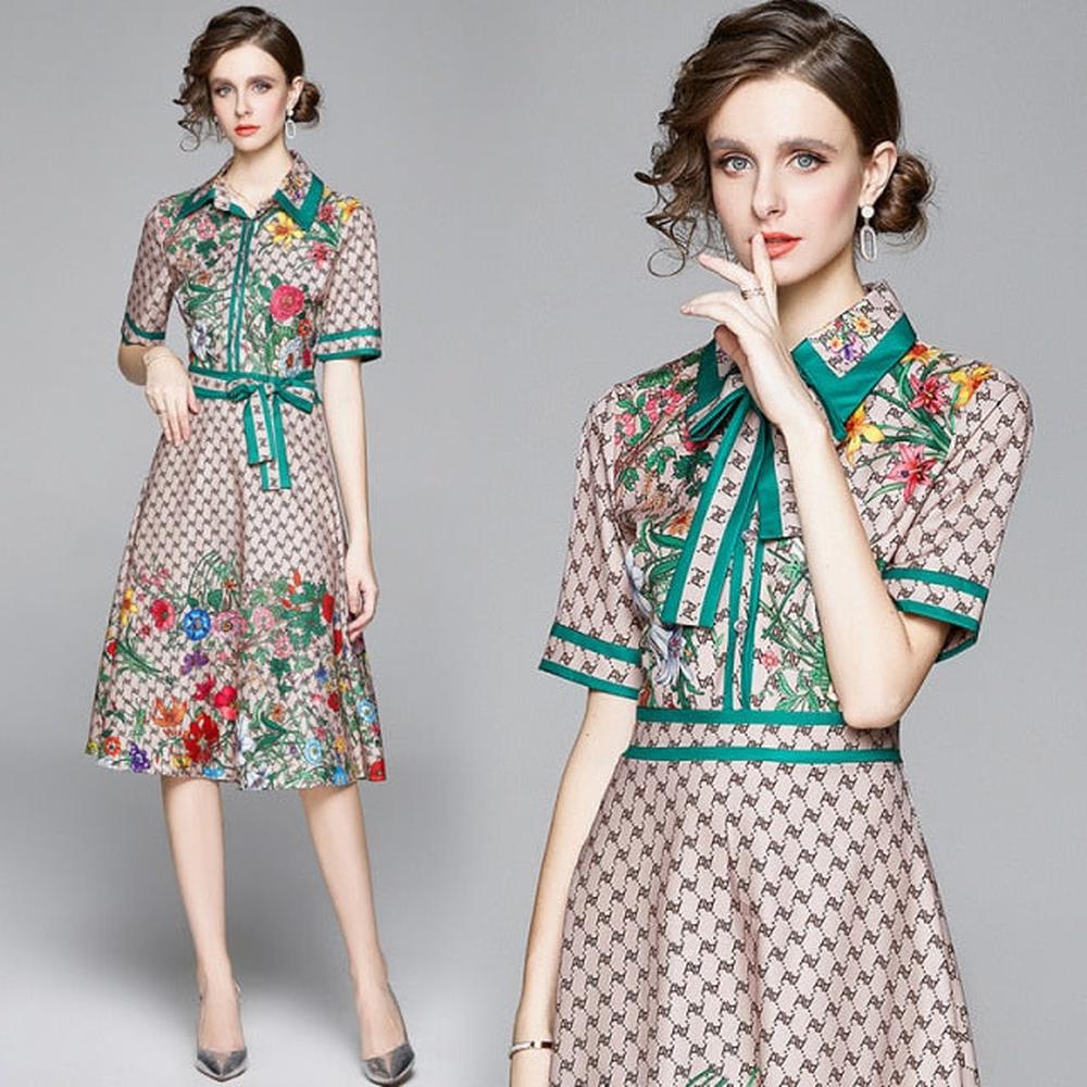 Women's Short Sleeve Turn Down Neck Bow Letter Floral Print Midi Dress dylinoshop