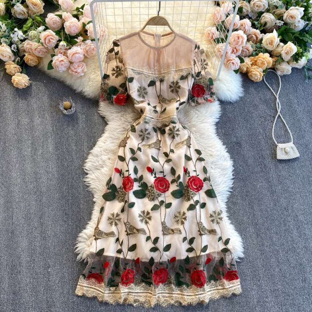 Women French Retro Vestidos Waist Slimming Embroidered Flower Midi Dress dylinoshop