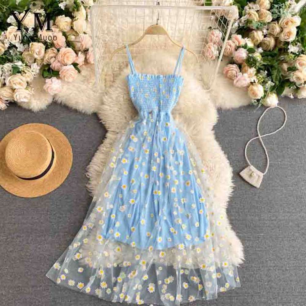 Women Daisy Flower Print Mesh Two Layers Spaghetti Strap Midi Dress dylinoshop