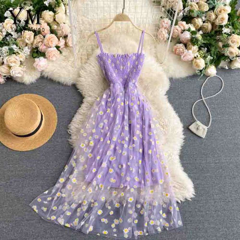 Women Daisy Flower Print Mesh Two Layers Spaghetti Strap Midi Dress dylinoshop