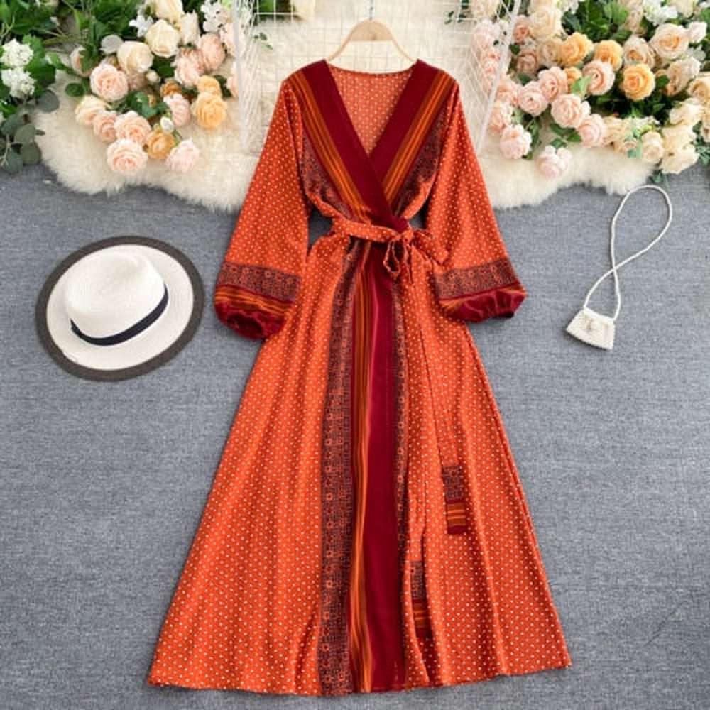 Women's Printed Vintage Puff Long Sleeve Dress dylinoshop