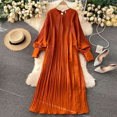 Women Vintage Pleated Chiffon Long Dress Casual Solid O-Neck Draped Robe dylinoshop