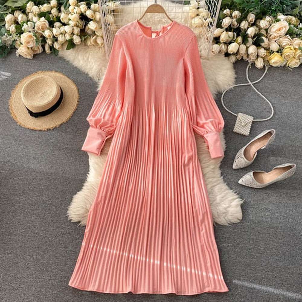 Women Vintage Pleated Chiffon Long Dress Casual Solid O-Neck Draped Robe dylinoshop