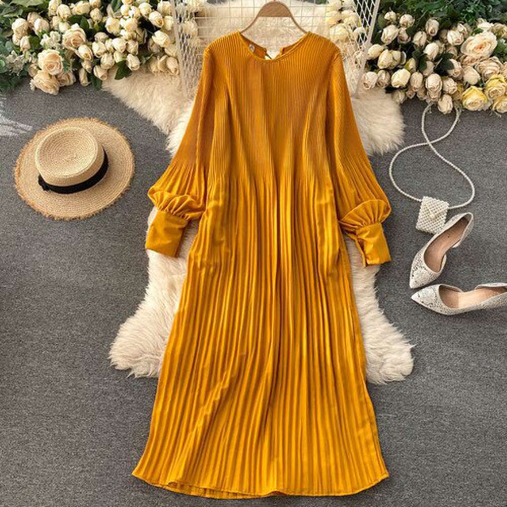 Women Vintage Pleated Chiffon Long Dress Casual Solid O-Neck Draped Robe dylinoshop