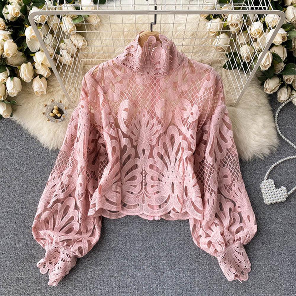 Women Lace Hollow Out Short Blouse Casual Lantern Long Sleeve Stand Collar Shirts dylinoshop