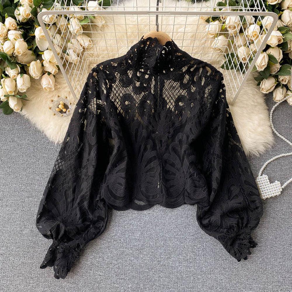 Women Lace Hollow Out Short Blouse Casual Lantern Long Sleeve Stand Collar Shirts dylinoshop