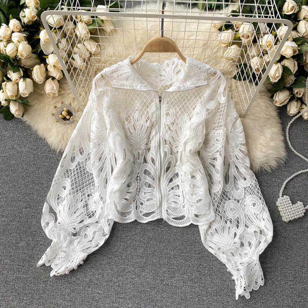 Women Lace Hollow Out Short Blouse Casual Lantern Long Sleeve Stand Collar Shirts dylinoshop