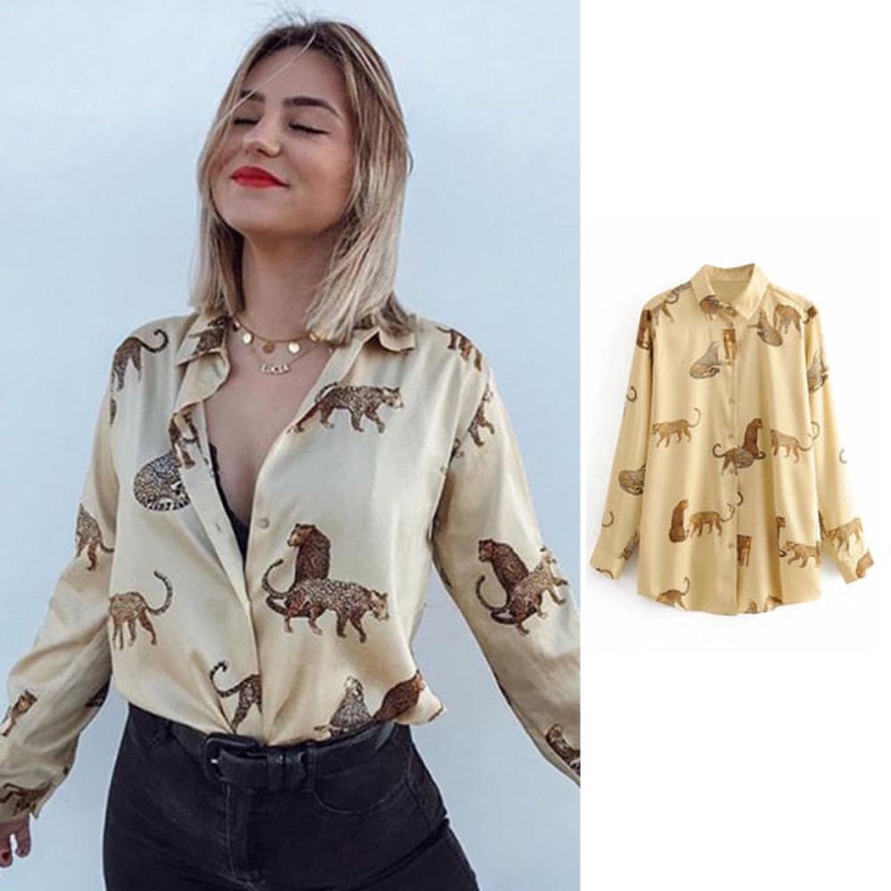 Women Satin Blouse Long Sleeve Zebra Print Shirts dylinoshop