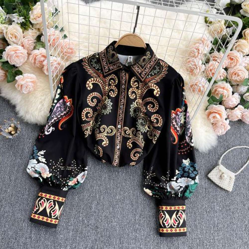 Women Retro Field Totem Printing Lantern Sleeve Lapel Blouse dylinoshop