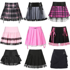 Women E-girl Gothic Lace Mini Pleated Harajuku Streetwear Skirt dylinoshop