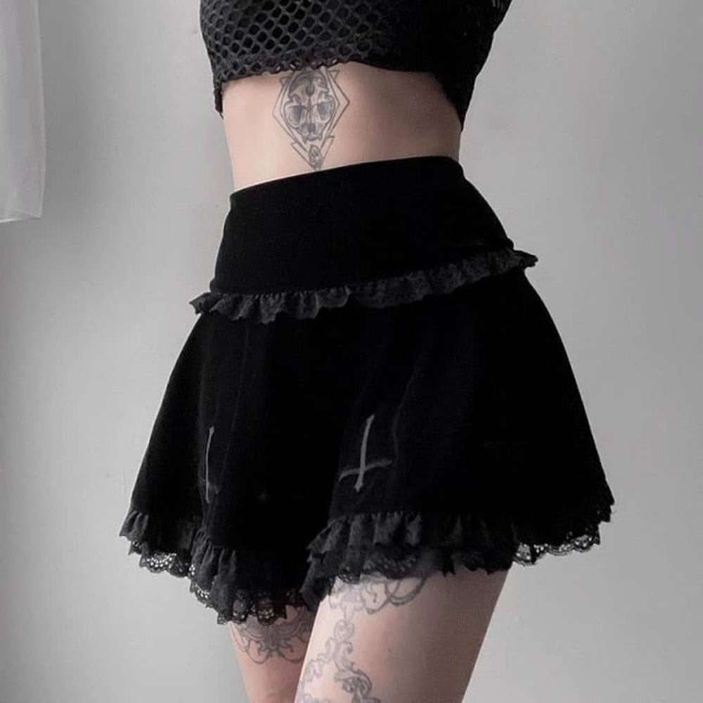 Women E-girl Gothic Lace Mini Pleated Harajuku Streetwear Skirt dylinoshop