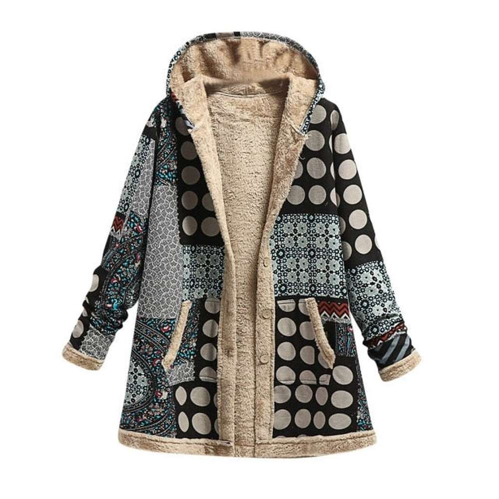 Women Printing Thick Fleece Hooded Loose Jacket dylinoshop