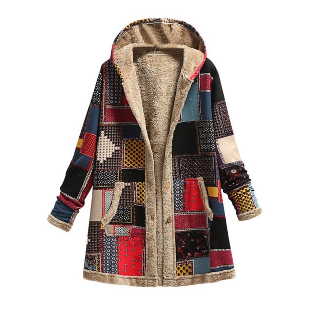 Women Printing Thick Fleece Hooded Loose Jacket dylinoshop