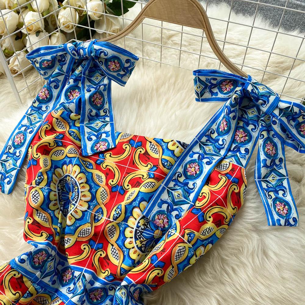 Women Retro Vestidos Print Bow Decoration Square Neck Strap Midi Dress dylinoshop