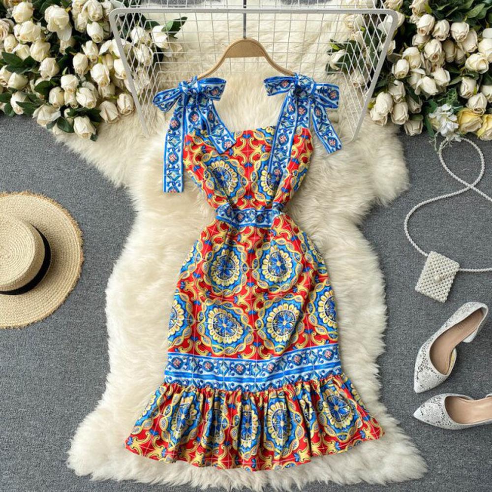 Women Retro Vestidos Print Bow Decoration Square Neck Strap Midi Dress dylinoshop