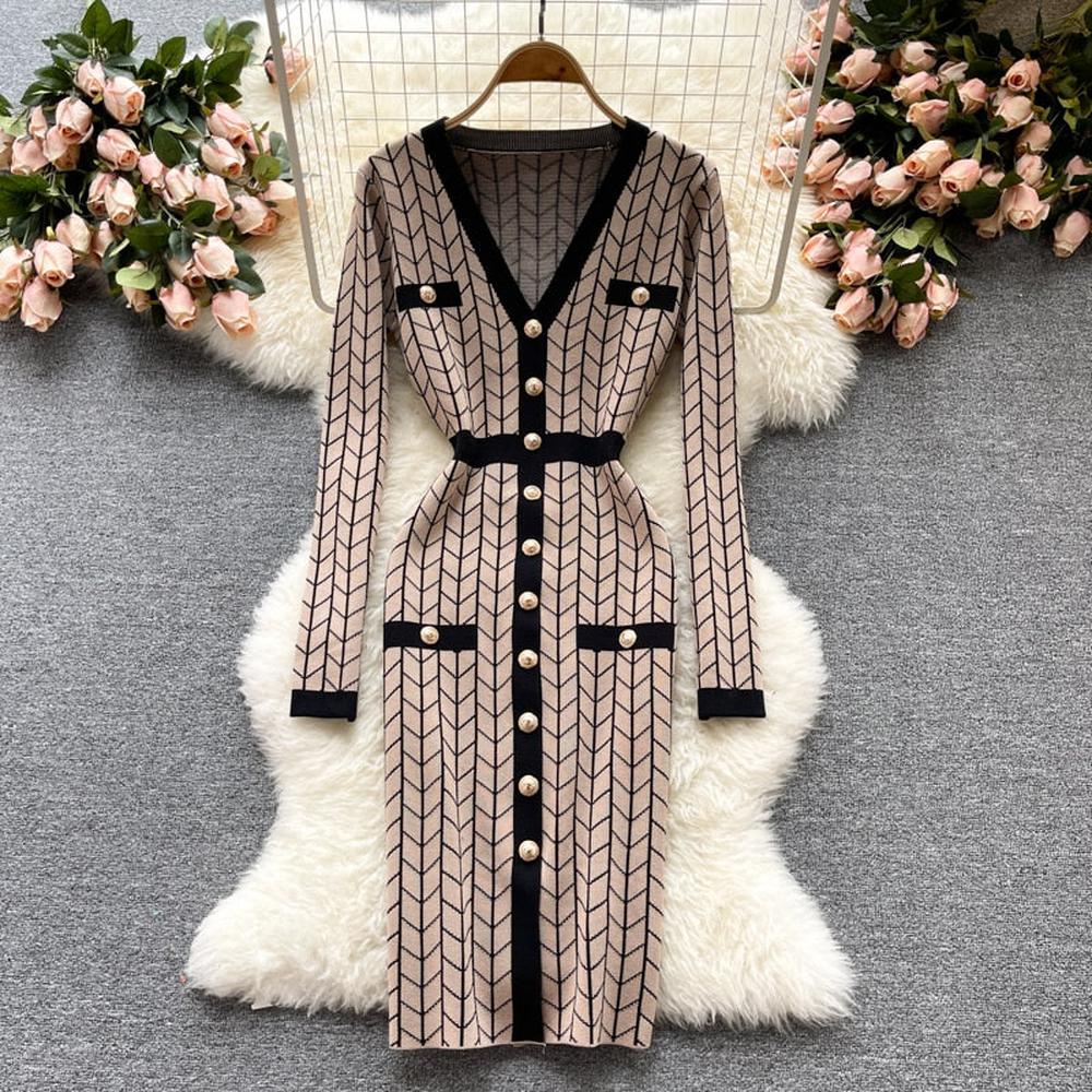 Women Buttons Retro Sweater Dress V-Neck Geometric Pattern Knitted Slim Sheath Bodycon Dress dylinoshop