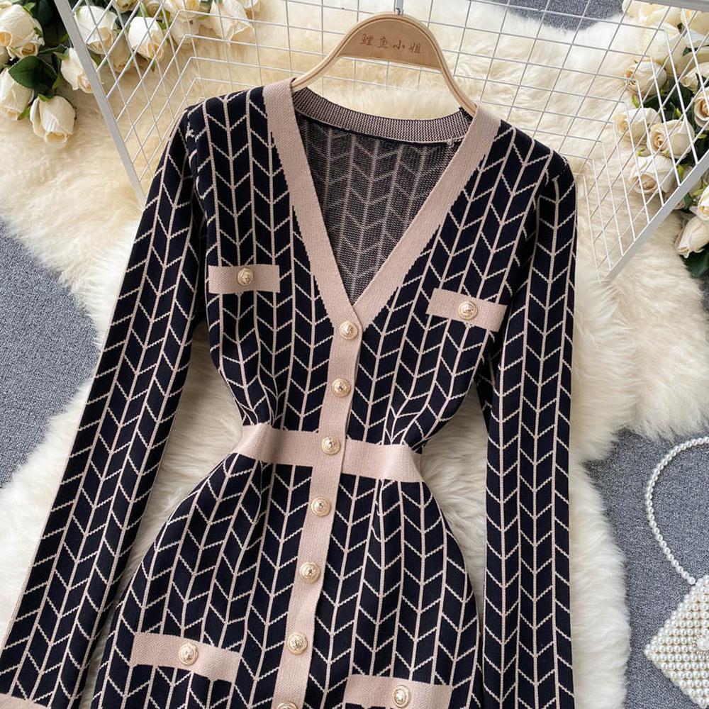 Women Buttons Retro Sweater Dress V-Neck Geometric Pattern Knitted Slim Sheath Bodycon Dress dylinoshop