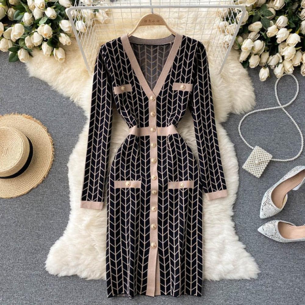 Women Buttons Retro Sweater Dress V-Neck Geometric Pattern Knitted Slim Sheath Bodycon Dress dylinoshop