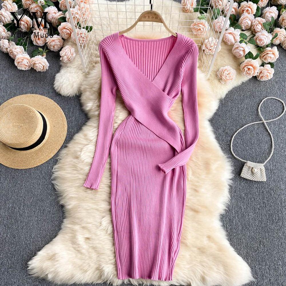 Women Office Elegant V-neck Cross Slim Waist Knitted Sweater Dress dylinoshop