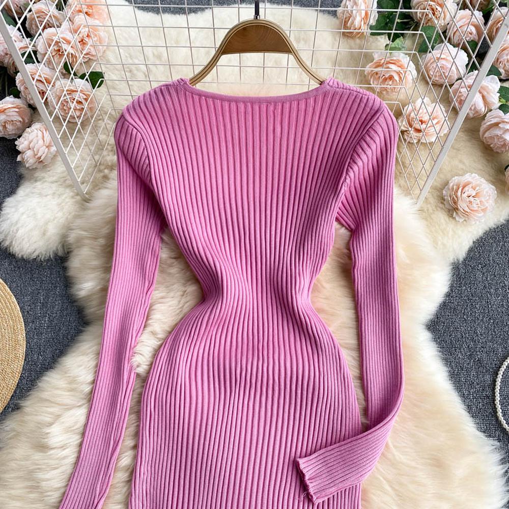 Women Office Elegant V-neck Cross Slim Waist Knitted Sweater Dress dylinoshop