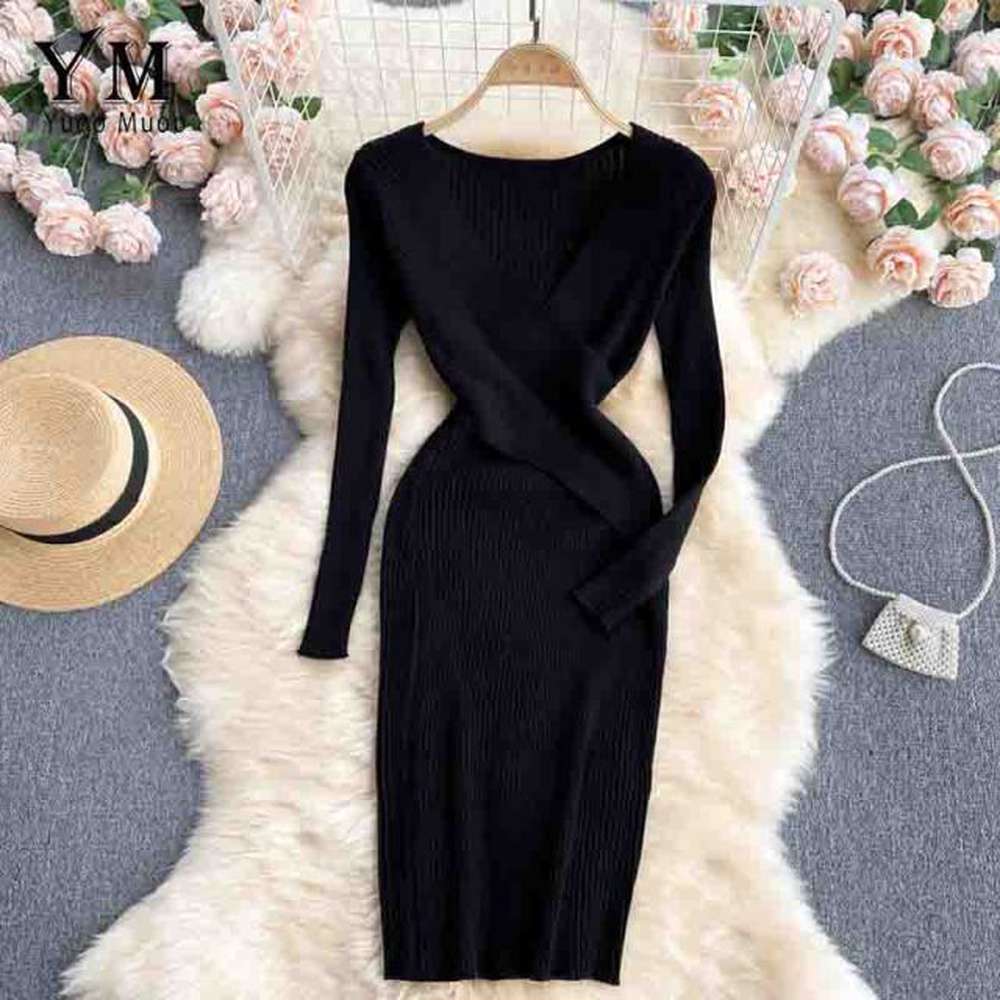 Women Office Elegant V-neck Cross Slim Waist Knitted Sweater Dress dylinoshop