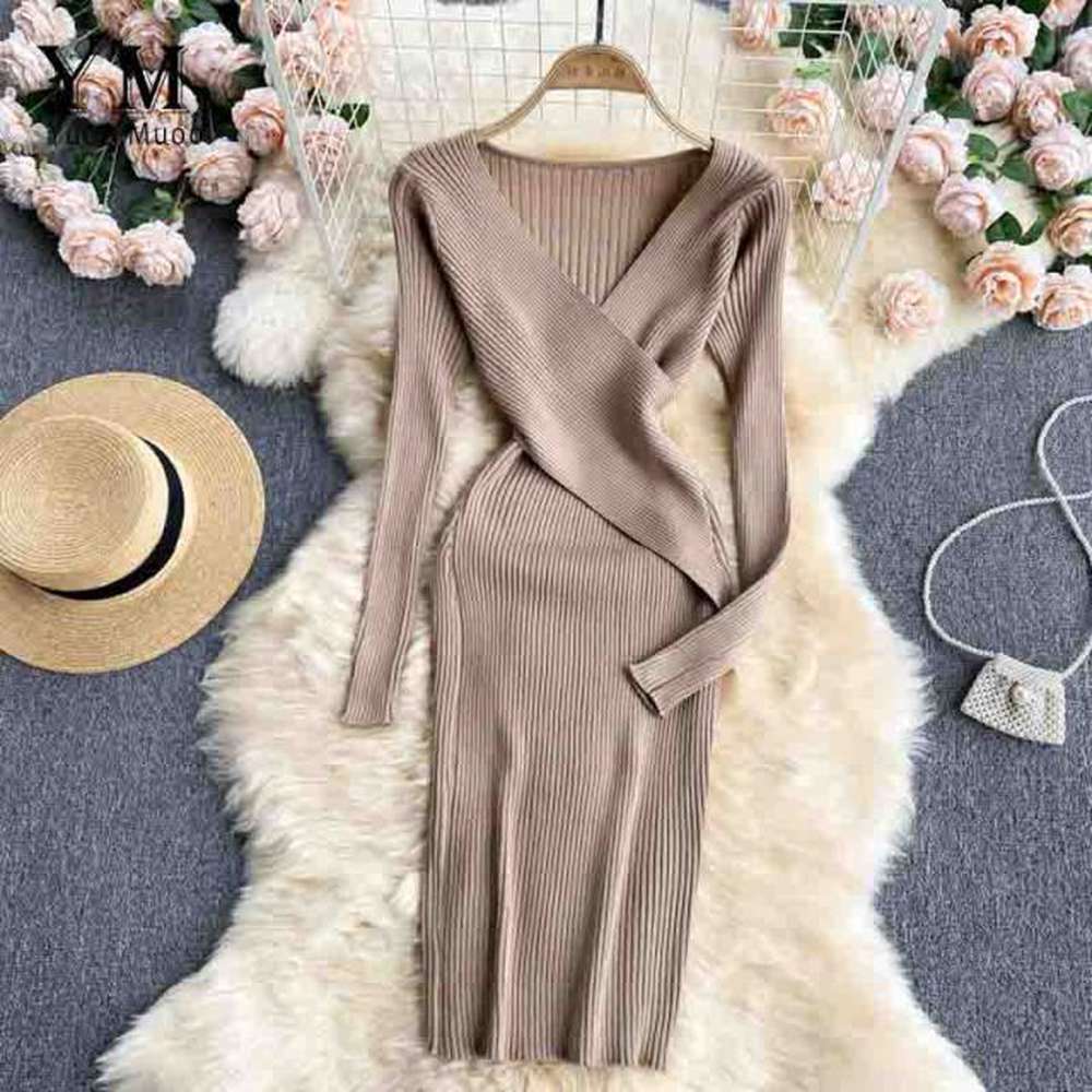 Women Office Elegant V-neck Cross Slim Waist Knitted Sweater Dress dylinoshop