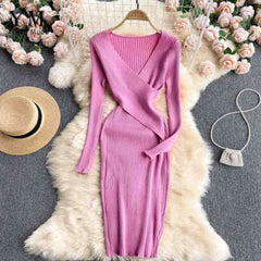 Women Office Elegant V-neck Cross Slim Waist Knitted Sweater Dress dylinoshop